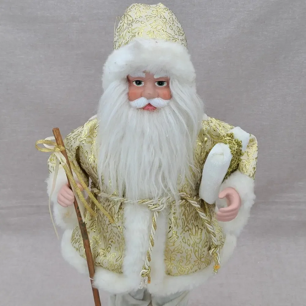 Vintage Santa Claus Figurine - White Gold With Staff, Faux Fur Trim - 18